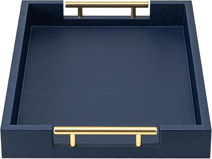 Navy Blue Faux Leather Serving Tray with Handles – Large Decorative Tray for Coffee Table, Ottoman, Living Room, Bathroom – Home Decor