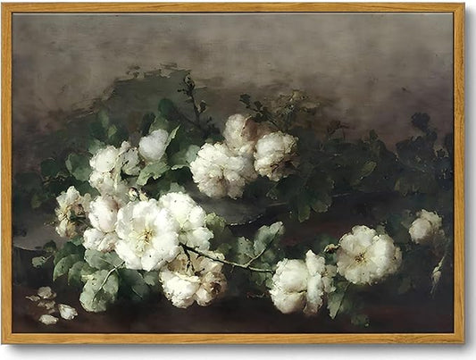 KISSFOX Framed Vintage Floral Wall Art White Flower Botanical Painting Canvas Prints Retro Rustic Farmhouse Pictures Cottagecore Aesthetic Office Decor Bedroom Bathroom Living Room
