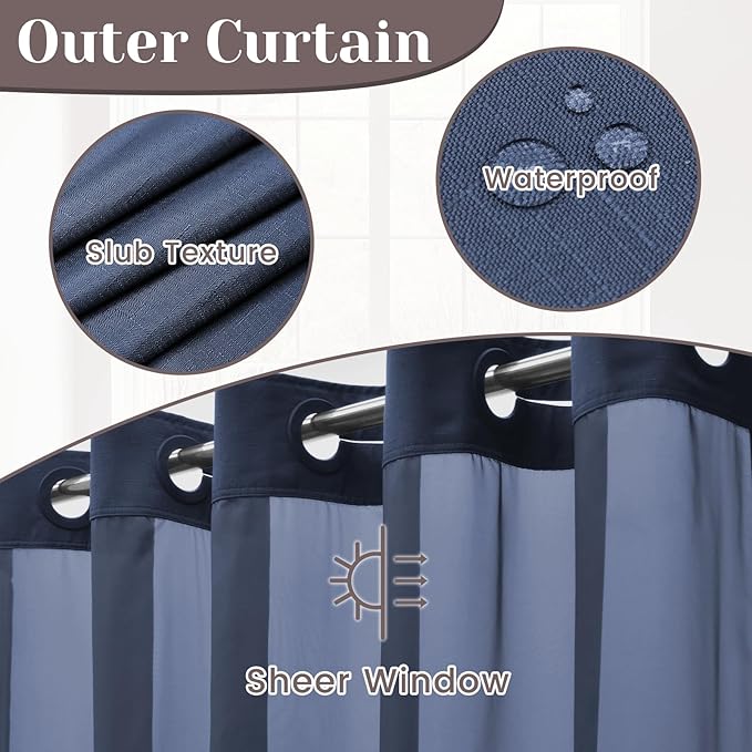 No Hook Slub Textured Shower Curtain with Snap in Liner - Navy Fabric Outer Curtain & Waterproof Inner Liner, Hotel Style with See Through Top Window, 71x74 in
