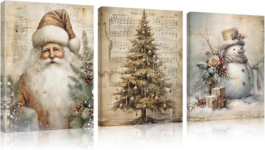 DSHFG Vintage Christmas Wall Art Decor, Retro Christmas Santa Trees Wall Decor Canvas Set of 3, Retro Christmas Decorations for Home Kitchen Bedroom Bathroom Living Room, 14x11 Inch Framed