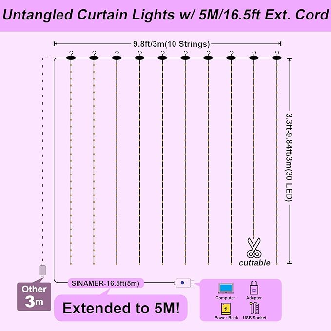 Purple Curtain Light with Untangled Wires for Bedroom, 300LED 9.8ft x 9.8ft Window Fairy Curtain String Light with 16 Hooks, 8 Modes Remote Control for Wedding Party Home Indoor Decorations