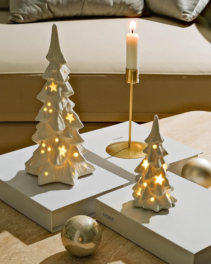 DN DECONATION White Ceramic Christmas Trees that Light Up, 2Pcs Porcelain Christmas Tree with Lights, Stars and Dots Cutout Prelit Tabletop Xmas Tree Figurines for Mantle Neutral Christmas Decor, Gift
