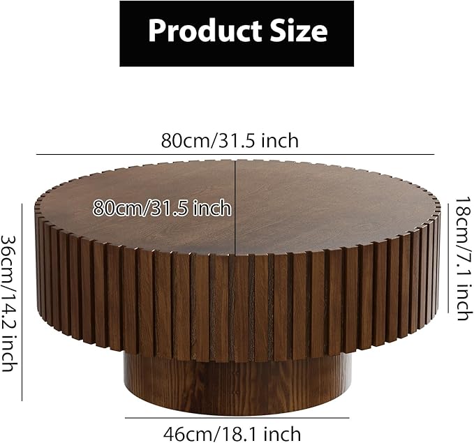 Round Fluted Coffee Table Mid Century Modern Coffee Tables with Handcrafted Relief Circle Drum End Table Rustic Industrial Center Tables for Apartment Living Room (Brown Round)