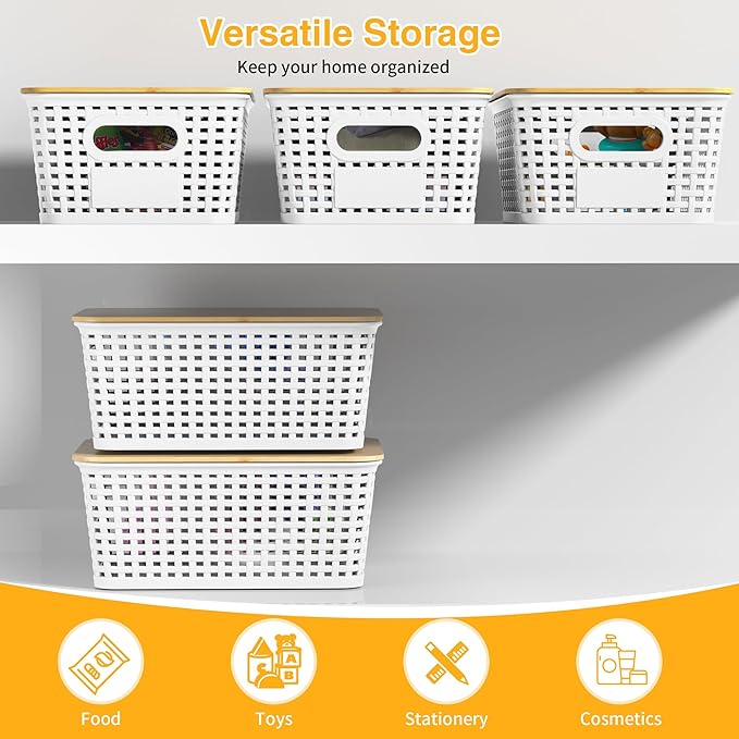 6 Pieces White Plastic Storage Baskets with Bamboo Lids with Labels Stackable Storage Containers for Organizing Shelves Drawers Desktop Closets Office