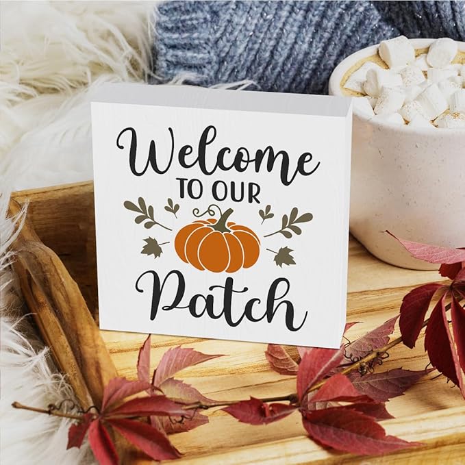 HTBIG Fall Wooden Box Sign, 5.1 X 5.1 Inch Pumpkin Autumn Wood Sign for Tiered Tray, Home Living Room Harvest Day Thanksgiving Tabletop Decor - Welcome to Our Pumpkin Patch