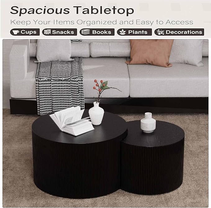 Modern Round Nesting Coffee Table Set of 2, Vertical Stripe Design Drum Coffee Table Cocktail Table, Round Side Table for Living Room, Bedroom, Office, Balcony (C19.69+27.56")