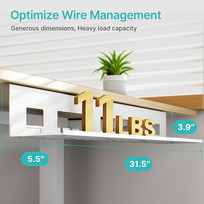 Under Desk Cable Management Tray, 31.5 Inches Metal Cord Organizer Rack, Desk Tray for Power Strip, Cord, Wire, Easy Mounting Cable Management Under Table for Home Office, White