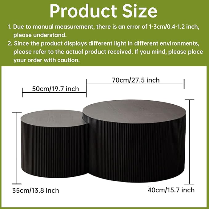 Round Nesting Coffee Table Set of 2 Small Round Coffee Tables for Living Room Modern Fluted Coffee Table Circular End Table Side Table for Small Spaces No Assembly (Black B, 27 in)