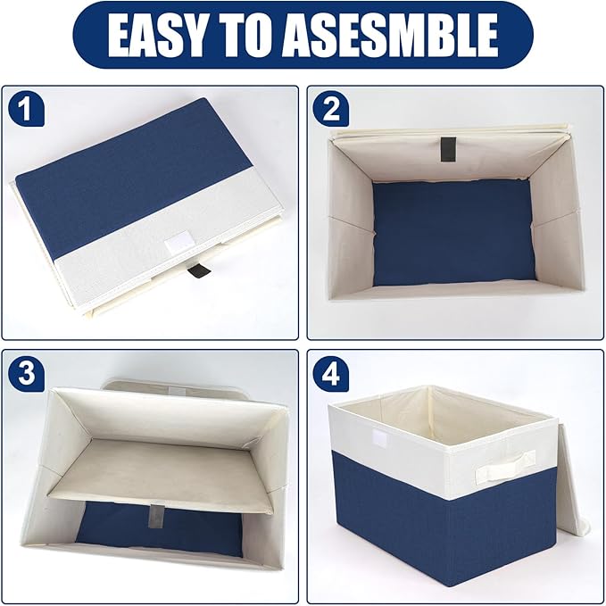 Large 22 Quart Linen Fabric Foldable Storage Bin Cube Organizer Basket with Flip-Top Lid & Handles, Clothes Blanket Box for Home, Office, Closet, Navy Blue & White, 4 Pack 14.6 x 9.5 x 9.5