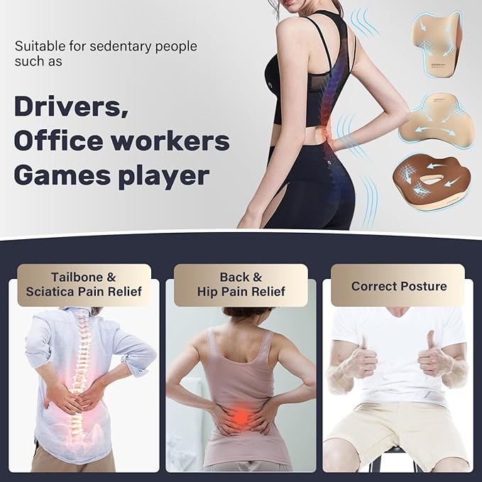 Coverado Car Seat Cushion and Lumbar Support with Headrest Pillow Memory Foam Ergonomic Back Support Driving Seat Cushion Neck Head Pillow, Back Pain Relief, Cushion for Car Driver Office