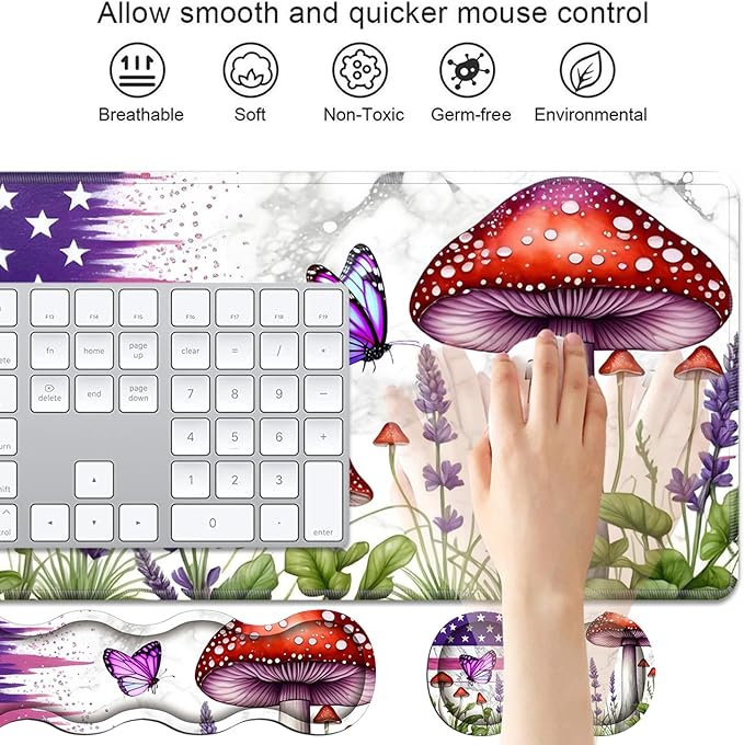 4 in 1 Ergonomic Keyboard Wrist Rest & Mouse Pad Wrist Rest Set, Large XXL Gaming Desk Mat 31.5"x 11.8" with Non-Slip Base, Memory Foam for Home Office Study Gaming, American Flag Mushroom Butterfly