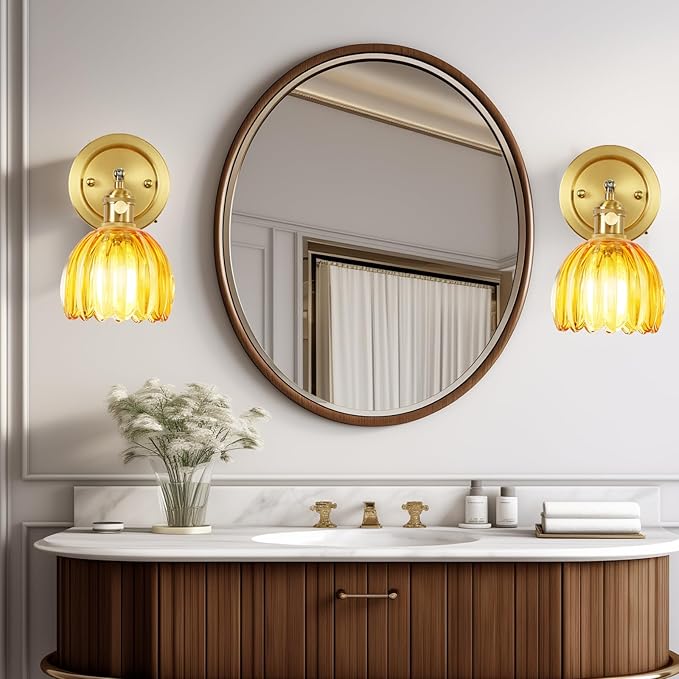 Plug in Vintage Wall Sconces Set of Two, 180 Degree Adjustable Brass Vanity Lights Fixture with Amber Tulip Glass Lampshade, Modern Wall Lighting for Bedside Bedroom Bathroom