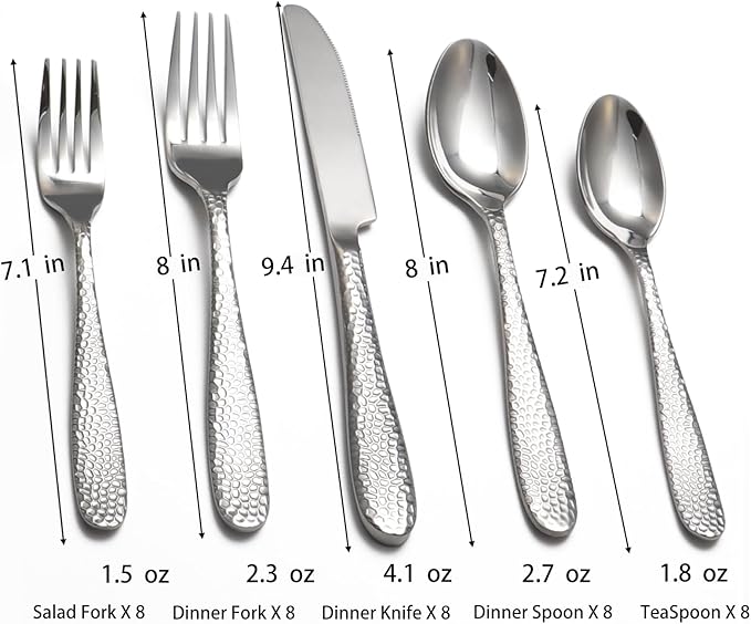 Hammered Silverware Set, 40 Piece Stainless Steel Heavy Duty Flatware Set for 8, Food-Grade Tableware Cutlery Set for Home Restaurant, Mirror Polished, Dishwasher Safe