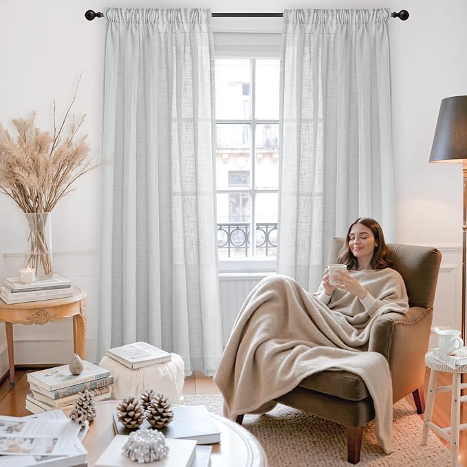 YoungsTex Light Grey Linen Curtains 72 Inch Length for Living Room, Semi Sheer Window Drapes Textured Light Filtering with Rod Pocket Back Tab for Bedroom, 2 Panels, 52 X 72 Inch