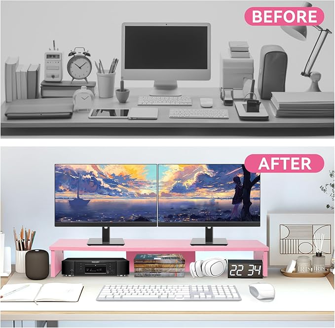 Dual Monitor Stand Riser with LED Lights, Large Monitor Stand for Desk, Computer Monitor Stand for 2 Monitors, Desk Shelf for Top of Desk, Desktop Organizer for Laptop, Printer, TV, Pink