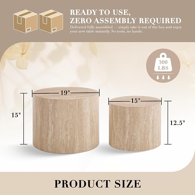 CIMOTA Round Wood Nesting Coffee Table Set of 2, Modern Circle Travertine End Side Table Sets for Living Room, Light Wooden Color/No Assembling