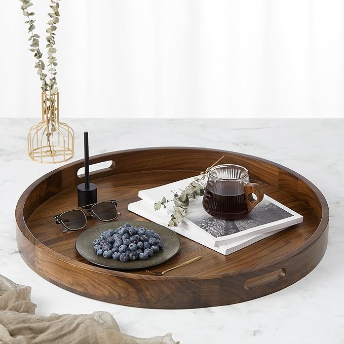 24 x 24 Inches Black Walnut Large Round Ottoman Tray, Solid Wooden Circle Platter Decorative Table Serving Tray with Handles for Oversized Ottoman Home Breakfast in Bed Tea Coffee