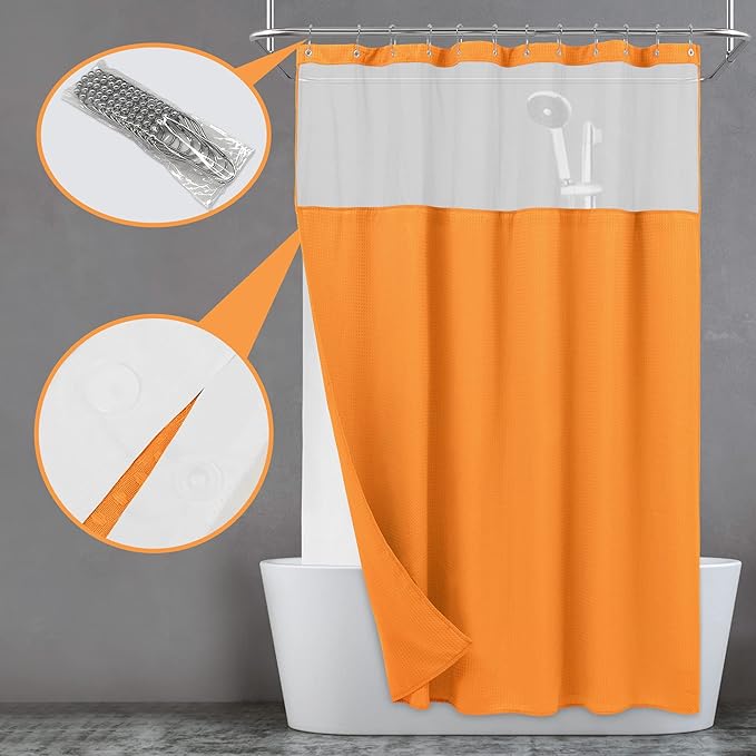 N&Y HOME Waffle Weave Shower Curtain with Snap-in Fabric Liner & 12 Metal Hooks Set - Hotel Style, Waterproof & Washable, Heavyweight Fabric & Mesh Top Window - 71x72, Orange