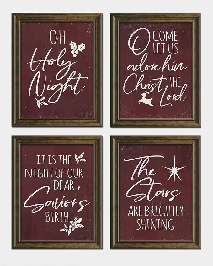 Wheatwin Vintage Christmas Wall Art Prints Set of 4, O Holy Night Sign, Christian Rustic Christmas Red Xmas Religious Decor for Bathroom Farmhouse Living Room Bedroom, 12x16 (Unframed)