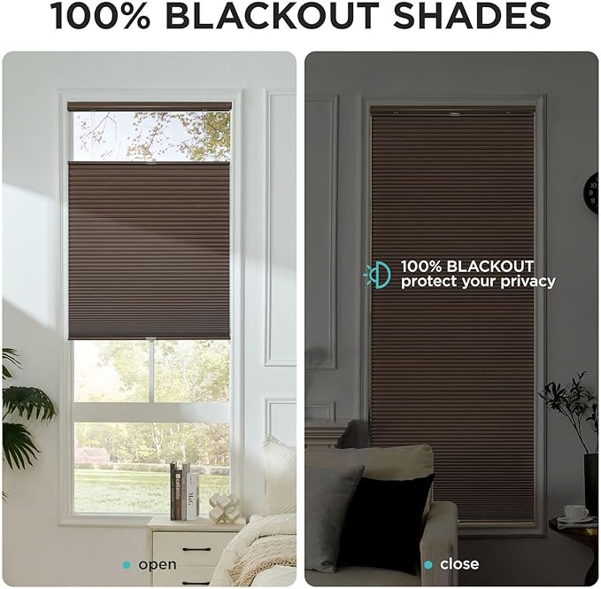 Joydeco No Tools No Drill Blinds for Indoor Windows, Cordless Window Blinds Cellular Shades Top Down Bottom Up Blackout Honeycomb Blinds Thermal Insulated Noise Reduction (Dark Brown, 33" W x 64" H)