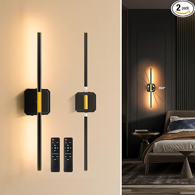 10000mAh Detachable Battery Operated Wall Sconce Set of 2, Wireless Wall Lamp 360°Rotate, 3000-6500K Dimmable, Rechargeable Modern Wall Light for Bedroom, Living Room，28.3" Black Gold