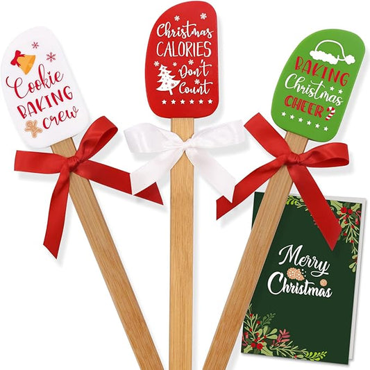 3PCS Christmas Silicone Spatula Set Decor Baking Gifts for Mom Flipping cake Food Grade Heat Resistant Kitchen Utensil Cooking Mixing Festival Wooden Handle and Ribbon Bows with greeting card present