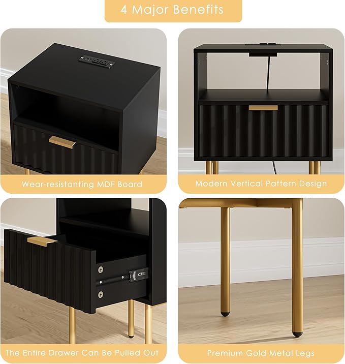 Masupu Nightstand with Charging Station,Mid-Century Modern Bedside Table with Storage Drawer and Open Wood Shelf,Small Gold Frame Side Table for Bedroom,Living Room (Black Fluted)