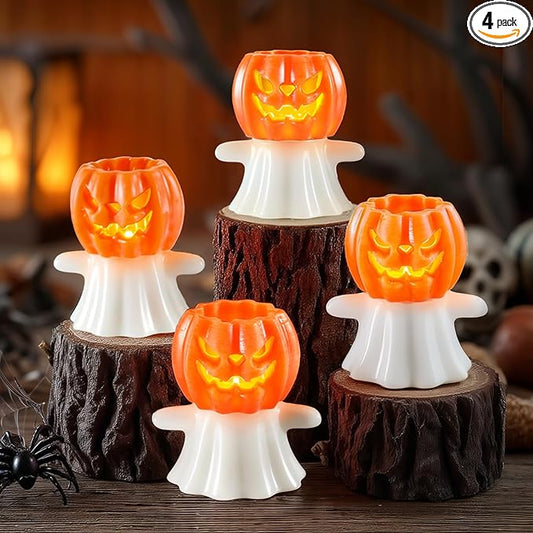 Homemory Real Wax Pumpkin Ghost Lamp, 4 Pcs Flickering Flameless Candles with 6hrs Timer, Spooky Halloween Pumpkin Candles, LED Battery Operated Lights for Home Halloween Decor, Theme Party