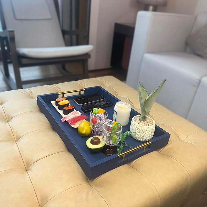 14x20 Inches Blue Faux Leather Wrapped Wood Serving Tray with Metal Handles for Various Occasions, Ottoman, Home Decor Decorative, Living Room, Coffee Table Organizer, Serving Breakfast On Bed