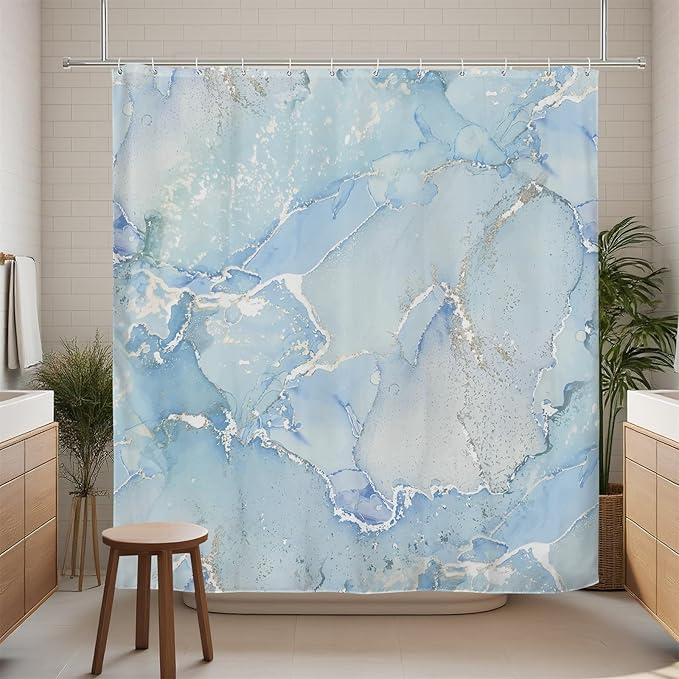 Renaiss Light Blue Marble Shower Curtain Waterproof Fabric Luxury Modern Art Shower Curtain for Bathroom Dormitory Print Decorative Shower Curtains Set with Hooks Waterproof Fabric 72" W x 84" L