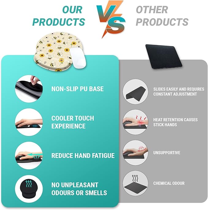 Sunflower Bee Ergonomic Mouse Pad with Wrist Rest, Cute Gel Mousepad Wrist Support, Computer Gaming Mouse Pad with Pain Relief Non-Slip PU Base for Desk Accessories Office Decor Supplies