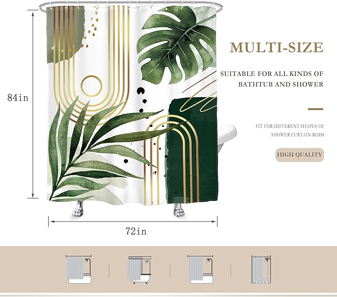 Glawry Green Gold Boho Mid Century Shower Curtain Extra Long Abstract Tropical Plant Minimalist Modern Geometric Bathroom Palm Leaf 72Wx84L Inches Bath Accessories Art Home Decor Fabric 12 Pack Hooks
