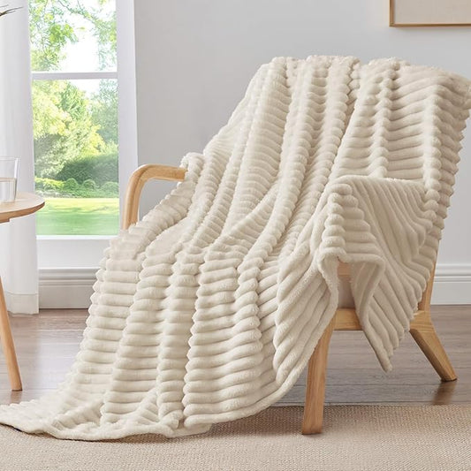 BEDELITE Fleece Throw Blanket for Couch - 300GSM Soft & Warm Fluffy Beige Blanket, Decorative and Giftable Striped Blankets for Women, Men, 50"x70"