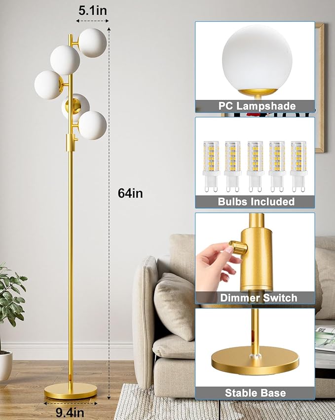 Lightdot Gold Floor Lamp Dimmable (Brightness Adjustable) Globe Retro Standing Lamps with 5PCS 3000K G9 Bulbs, Mid Century Modern Floor Lamp for Living Room Bedroom Home Office