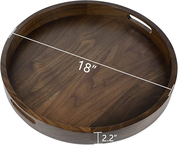 18 x 18 inches Large Round Ottoman Table Tray, Wooden Solid Black Walnut Circle Platter Decorative Serving Tray with Handle for Oversized Ottoman Home Breakfast in Bed Tea Coffee