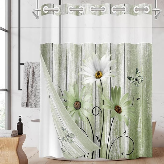 No Hook Daisy and Butterfly Shower Curtain with Snap in Fabric Liner Set, Green Rustic Farmhouse Double Layers Waterproof Fabric with See Through Top Window Open Grommet Bath Curtain 71x74 Inch