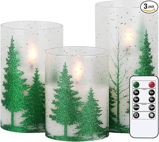 DRomance Christmas Tree Glass Flameless Candles with Remote Timer Battery Operated Real Wax 3D Wick LED Flickering Pillar Candles Christmas Holiday Decor(Green, 3 x 4,5,6 Inch)