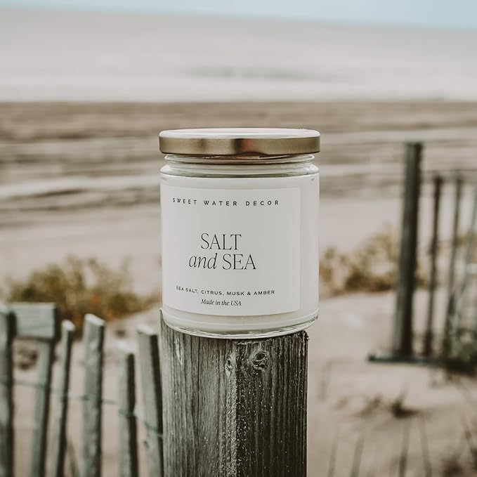 Sweet Water Decor Salt and Sea Candle - Sea Salt, Musk, and Amber Scents - Beach Candles and Decor for Home - 9oz. Clear Jar Soy Candle, Made in The USA