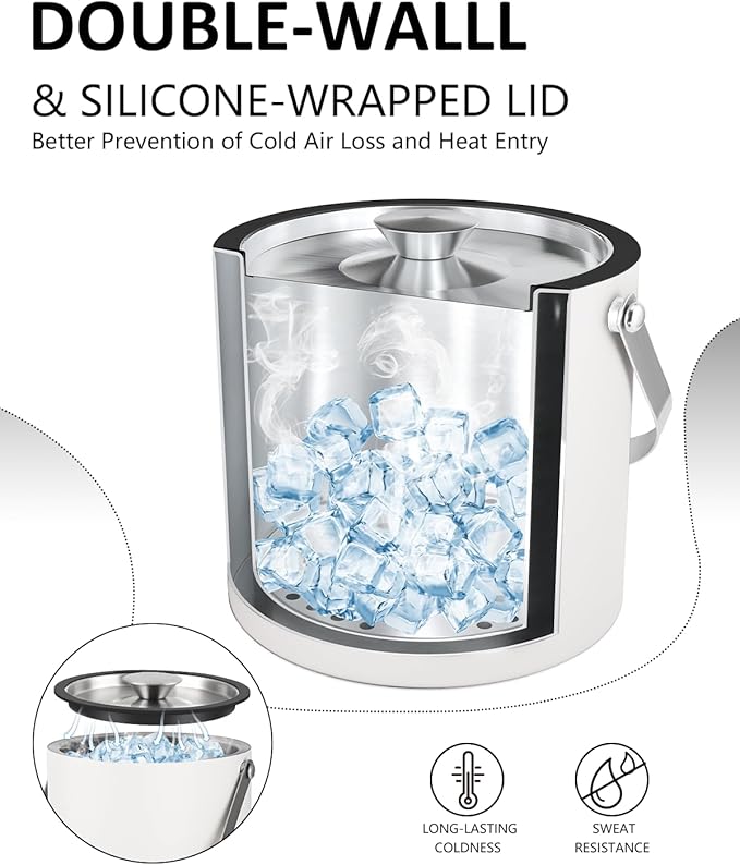 Insulated Ice Bucket with Silicone Lid, Scoop, Tongs & Strainer, 3L Stainless Steel Double Wall Ice Buckets for Parties & Cocktail Bar, Champagne Ice Bucket with Lid for Freezer, Ivory
