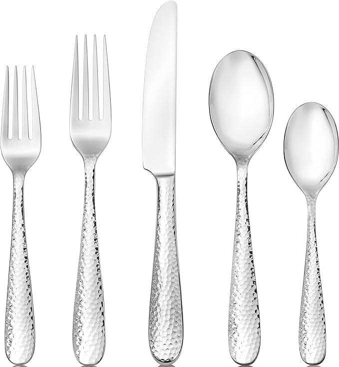 Hudson Essentials Premium 20 Piece Hammered Silverware Set, 18/10 Stainless Steel, Fine Flatware Service for 4 - Dishwasher Safe Bergamo Cutlery