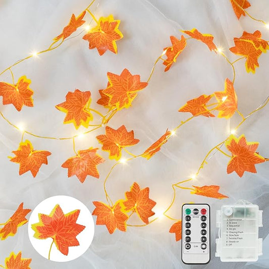 suddus Vine with Fairy Lights Battery Operated, 33ft 100 LED Maple Leaf String Lights with Remote, Dimmable Fall Garland with Lights for Bedroom Wall Indoor Outdoor Thanksgiving Decor (Warm White)