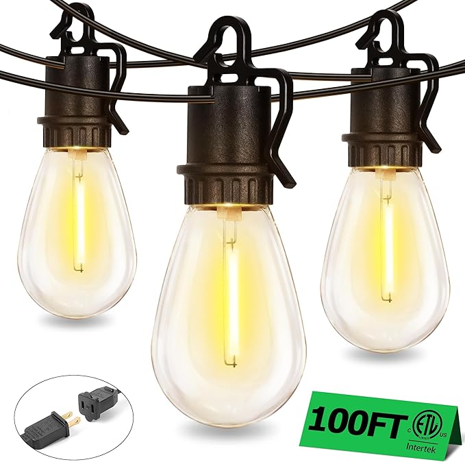 100FT Outdoor String Lights with 35 Shatterproof Patio Deals S14 Vintage Edison Bulbs E12 Sockets,2700K Dimmable Outdoor Lights,IP55 Waterproof LED String Lights for Outside, Patio Lights