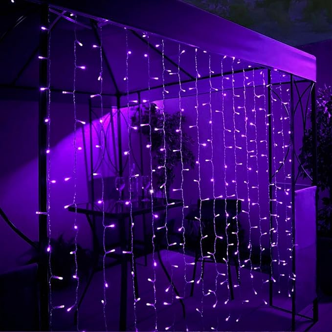 WATERGLIDE 300 LED Curtain Lights, Remote Control Christmas Hanging String Lights, 8 Lighting Mode, Plug in for Indoor Outdoor Halloween Holiday Party Garden Backdrop Wedding Home Decor, Purple