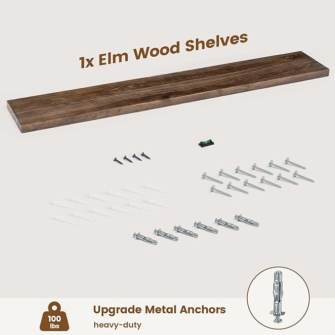 Rustic Elm Wood Floating Shelf for Wall, Flat Edge 55"W x 9.2"D x 1.4"H, 1 Pack with Invisible Bracket, Large Wall Mounted Storage Shelf for Living Room Bedroom Kitchen Bathroom Decor, Walnut Finish