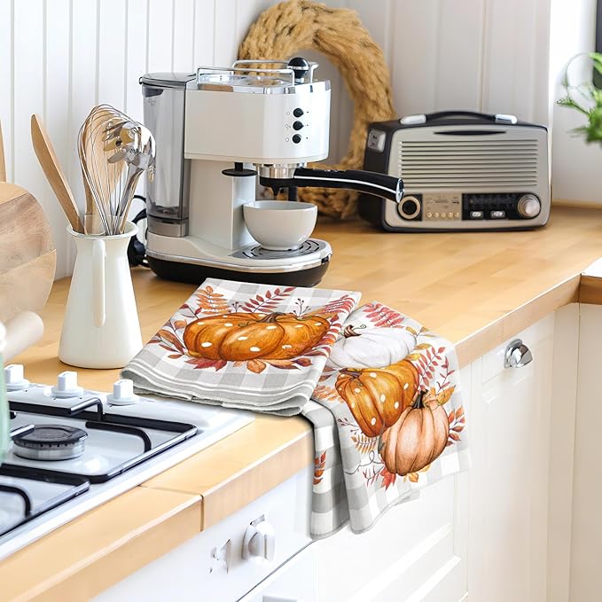 Amandir Fall Kitchen Dish Towels Orange Buffalo Plaid Polka Dot Leaves Hello Pumpkin Fall Hand Towels, 18x26 Inch Farmhouse Home Decor Tea Bathroom Autumn Thanksgiving Decorations Set of 4