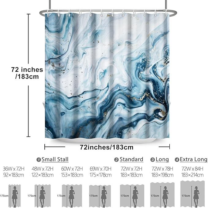 Renaiss Blue Marble Shower Curtain Modern Abstract Blue White Ombre Luxury Art Bathroom Shower Curtain Glitter Waterproof Shower Curtains Set with Hooks Pretty Bathtub Decor 36" W x 72" L