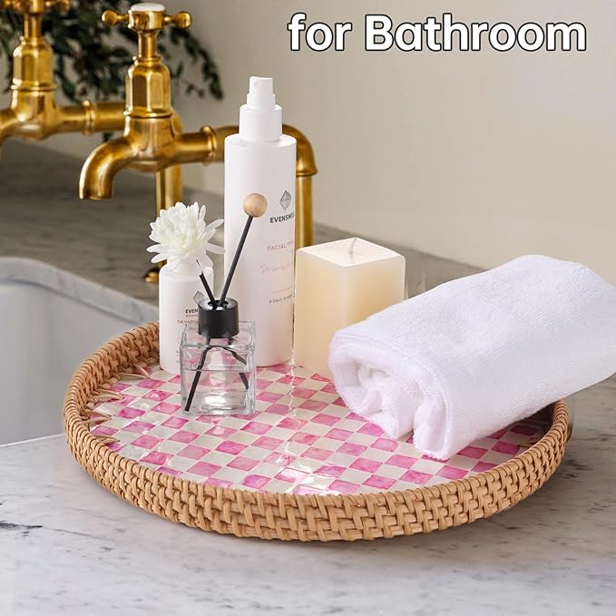 Round Rattan Tray with Mother of Pearl Inlay, Rattan Serving Tray for Coffee, Bread, Fruits, Decorative Wicker Tray for Table Decor, Home Decor, Kitchen Island Decor(Pink Checkerboard, 11.8")