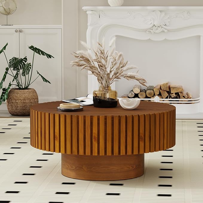 Round Fluted Coffee Table Mid Century Modern Coffee Tables with Handcrafted Relief Circle Drum End Table Rustic Industrial Center Tables for Apartment Living Room (Wood Round)