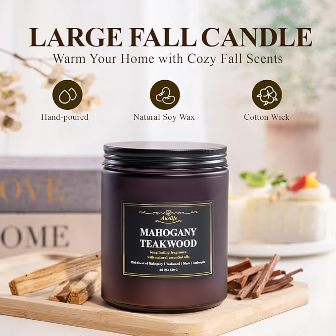 Auelife Mahogany Teakwood Scented Candle – 22oz Large 3 Wick Soy Candles, Masculine Woodsy Aromatherapy Candles, Relaxing Mahogany Candle for Home, Gift for Men & Women