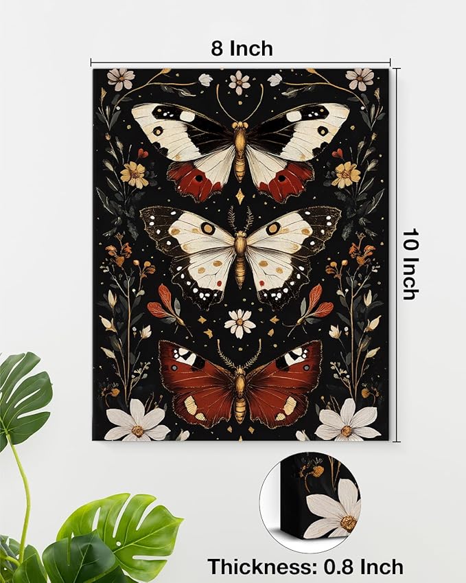 Aesthetic Moths Wall Art Decor Gothic Dark Academia Moth Canvas Print Poster Botanical Framed Painting Wall Decorations for Home Farmhouse Living Room Bedroom Decor 8x10 Inch
